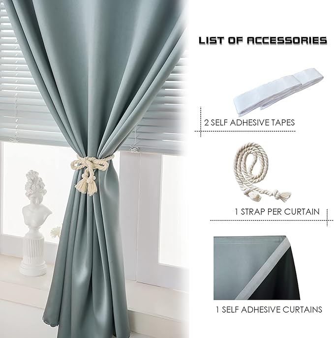 self Adhesive Portable 100% Blackout Curtains Simple and Easy to installBedroom Window Thermal Lnsulated Kitchen Room Darkening Black Small Drapes 1-Pack